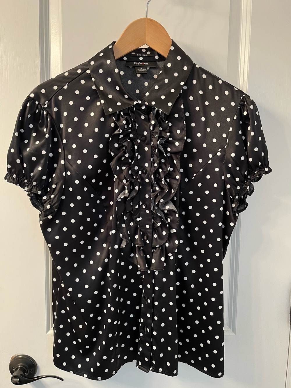 New York & Company Black and White Polka Dot Ruffle Front Blouse